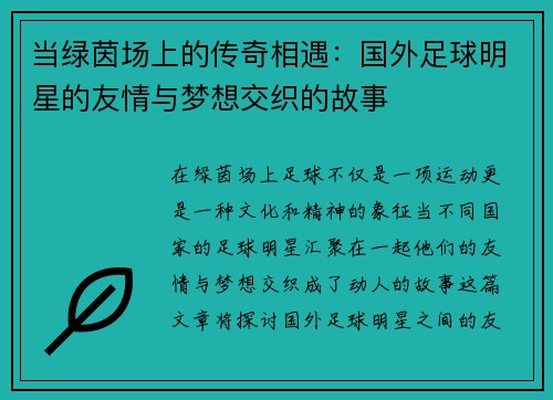当绿茵场上的传奇相遇：国外足球明星的友情与梦想交织的故事